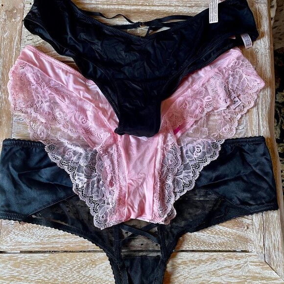 Victoria Secret Lot of 3 Thong Panties Pink Black M/M Lacy Bow Polkadots - Picture 7 of 11